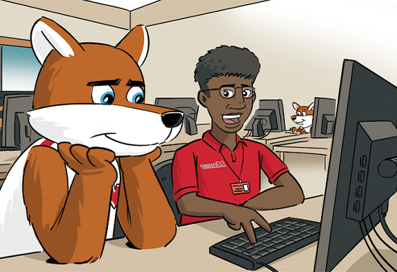 Cartoon Image of Frankie the fox at a computer